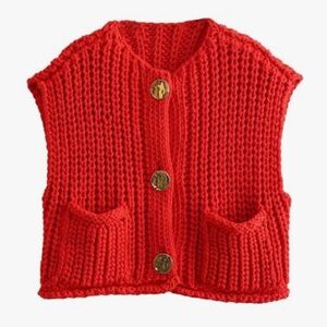 Red Sleeveless Cropped Knit Cardigan w/Gold Buttons
